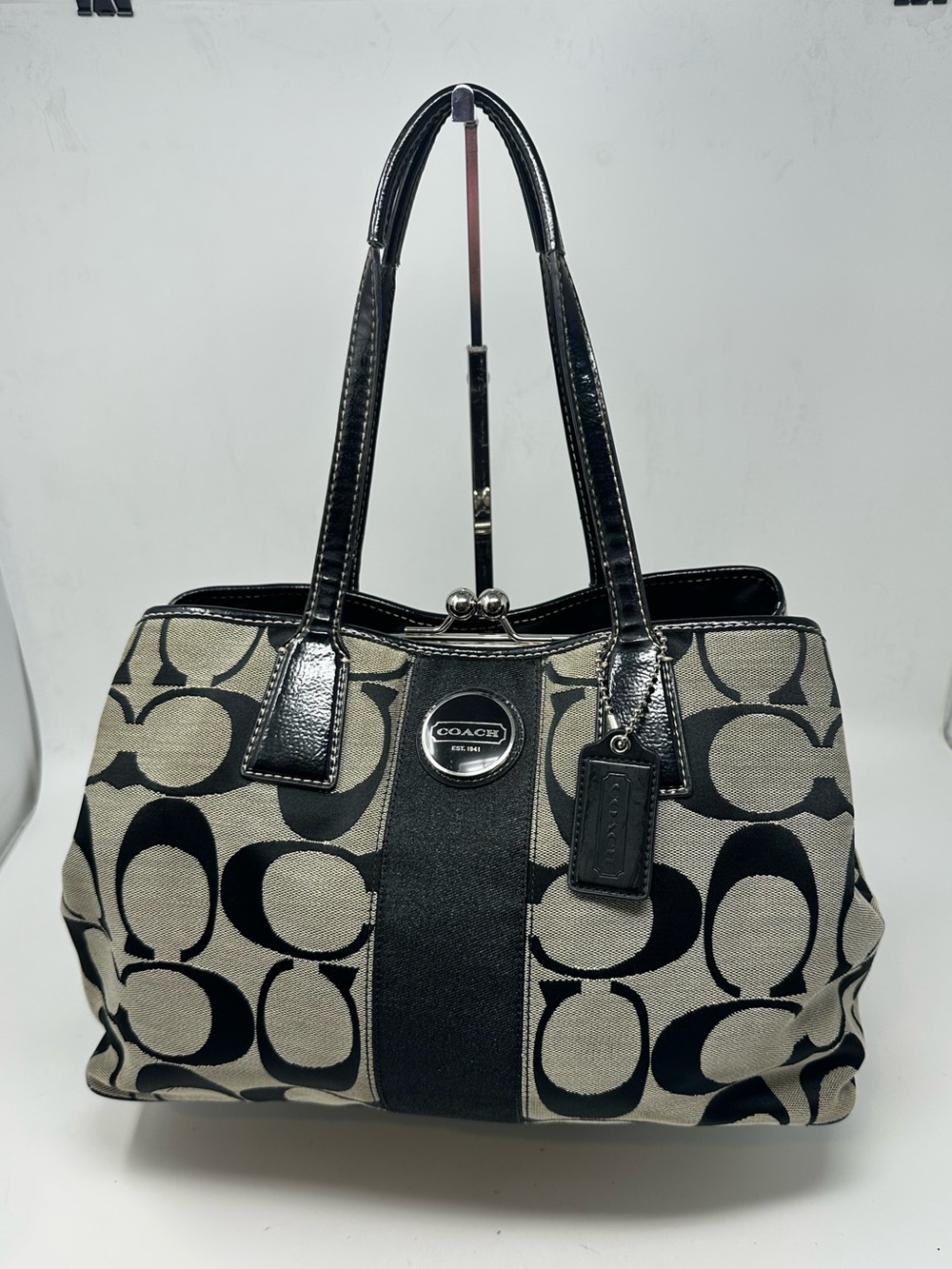 Coach Signature Canvas Kiss Lock Tote Bag Black Grey F17424